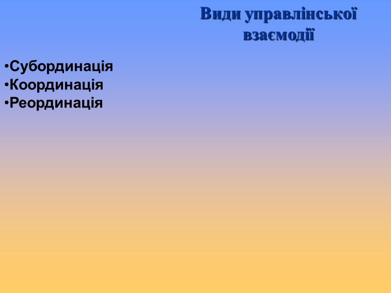 Субординація Координація Реординація Види управлінської взаємодії